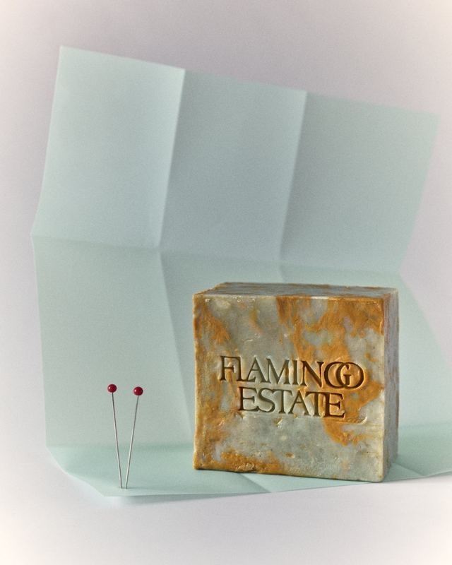 Soap bar pinned on folded paper, Flamingo Estate by David Spector