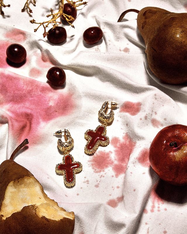 Cross earrings with cherries and stains, Mudpearl by David Spector