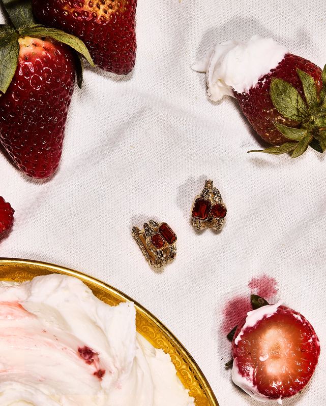 Heart charms with grapes and cheese, Mudpearl by David Spector
