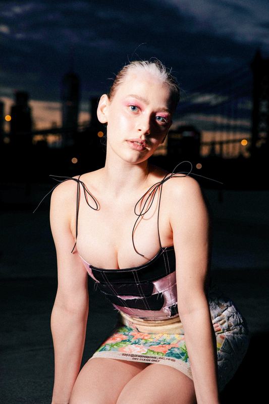 Rooftop portrait in a printed skirt, Tia Jonsson, i-D by David Spector