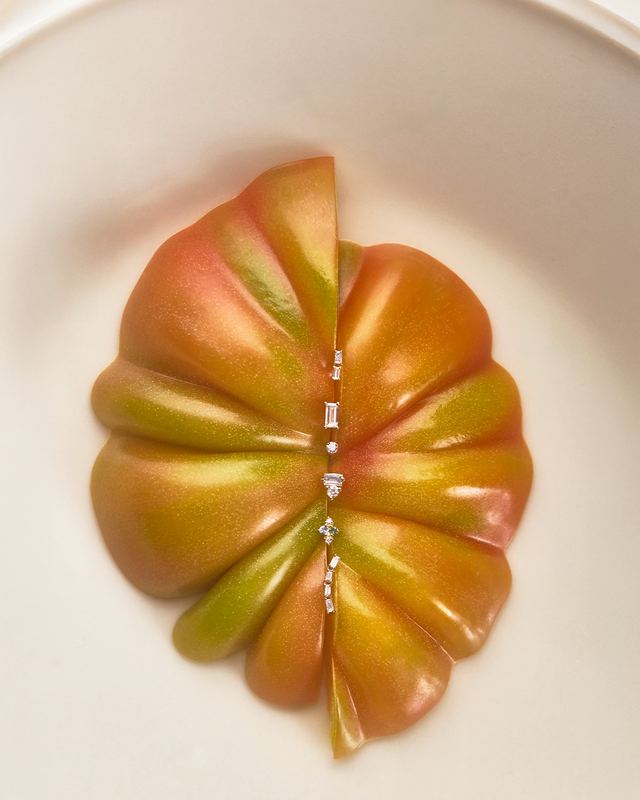 Ring set into a heirloom tomato, Wwake Summer by David Spector