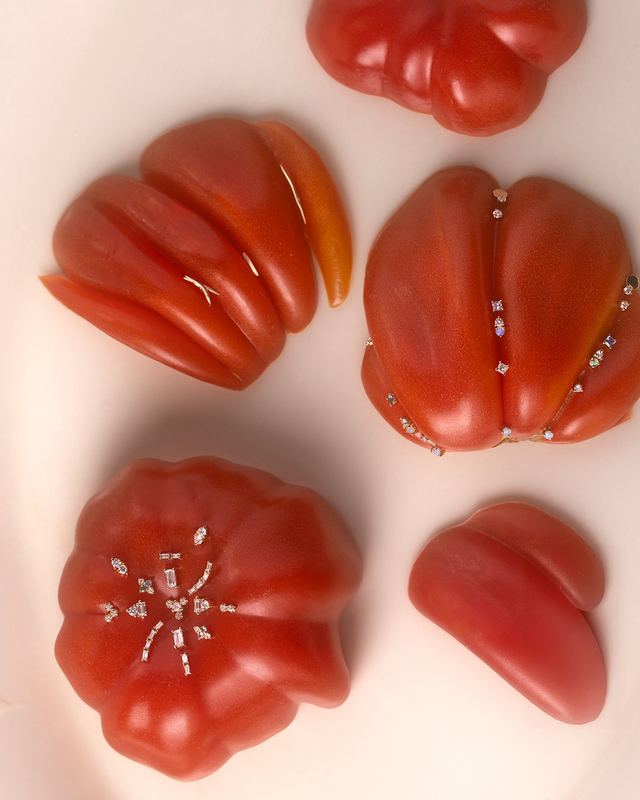 Tomato slices studded with jewelry, Wwake Summer by David Spector