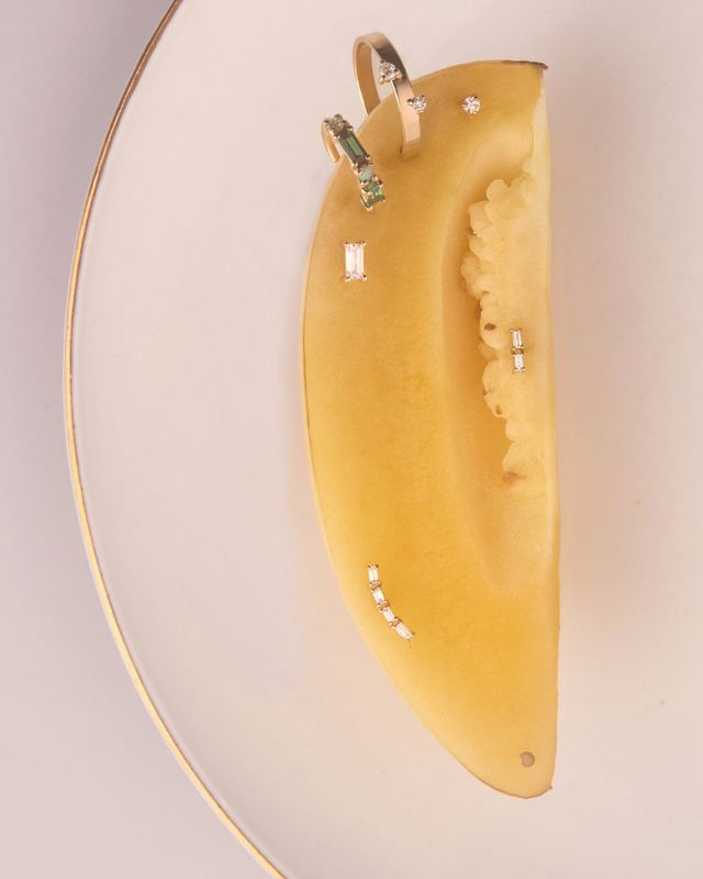 Yellow tomato wedge with a pendant, Wwake Summer by David Spector