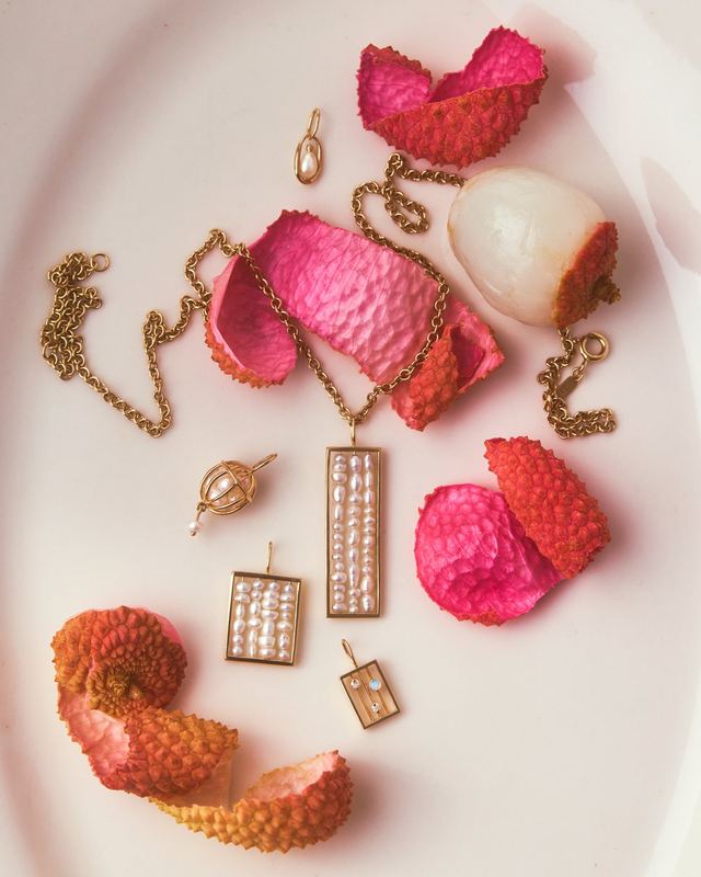 Lychee and pink jewelry on a plate, Wwake Summer by David Spector