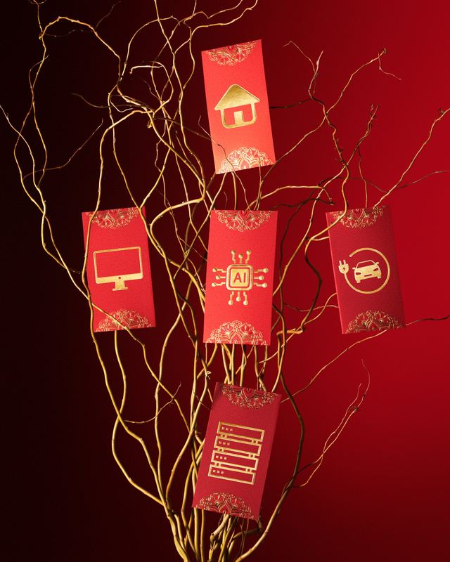 Red envelopes with gold tech icons on a gilded branch, Bloomberg by David Spector