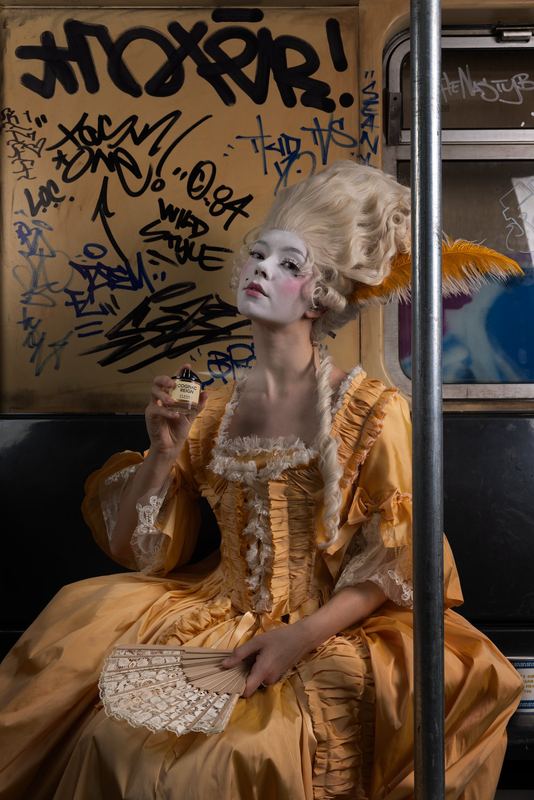 Rococo costume on a graffitied subway, Cognac Reign by David Spector