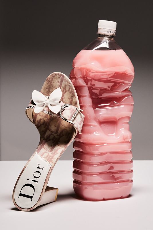 Dior mule with a pink water bottle, Fashion Editorial by David Spector