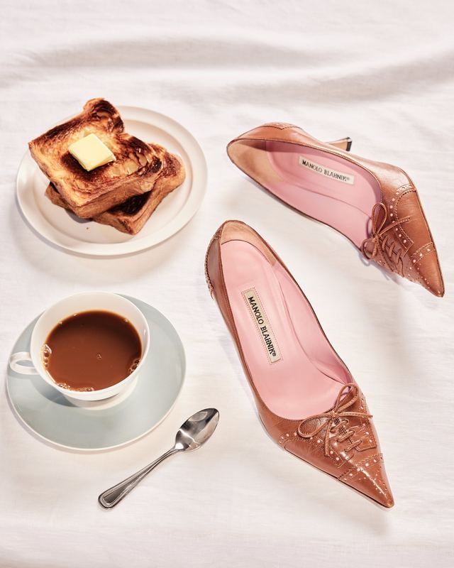 Pink pumps with toast and hot chocolate, Fashion Editorial by David Spector