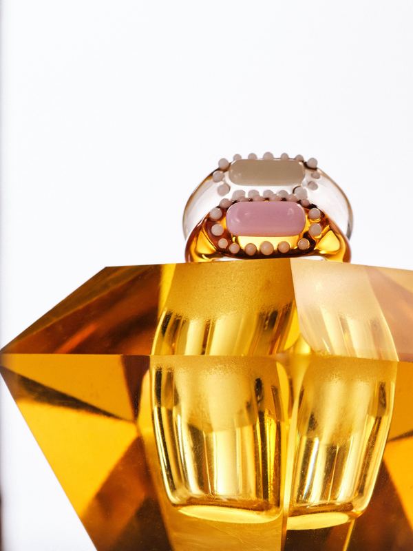 Ring on a cut amber glass block, Keane Art Deco by David Spector