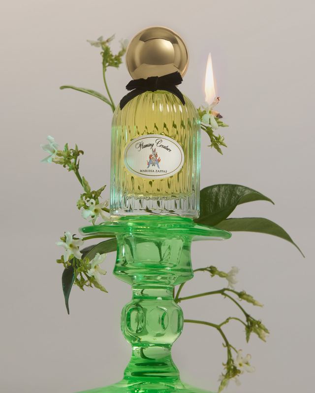 Bottle on a green glass candlestick with jasmine, Marissa Zappas by David Spector