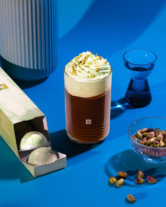 Pistachio iced coffee on blue, Nespresso