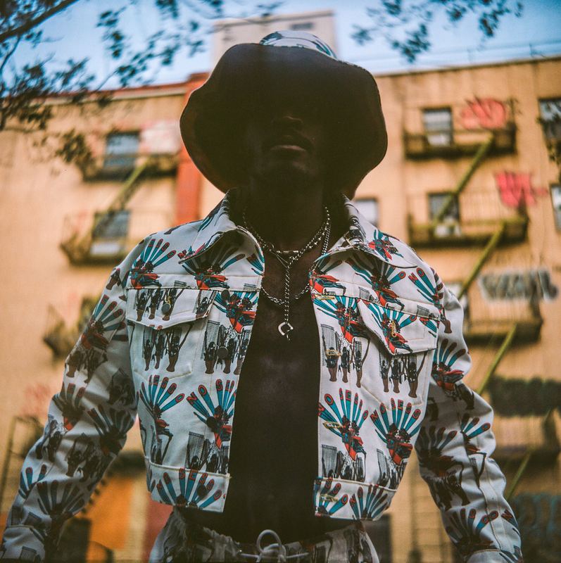 Printed jacket open, from below, Nosesso LA by David Spector