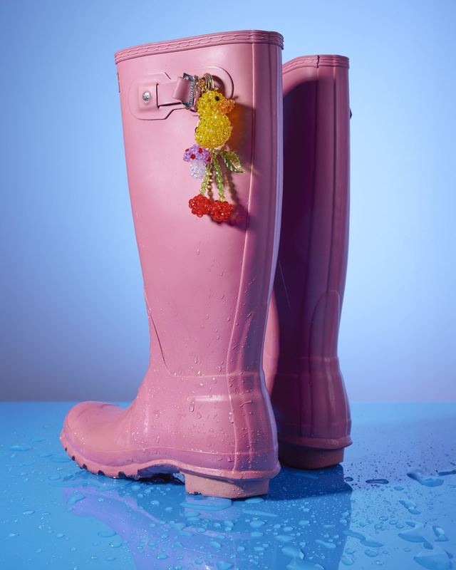 Beaded charm on a pink rain boot, Susan Alexandra by David Spector